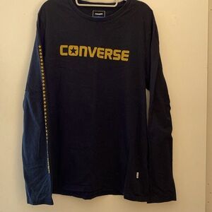 Men sz L long sleeve T shirt, black with gold lettering on chest & on one sleeve